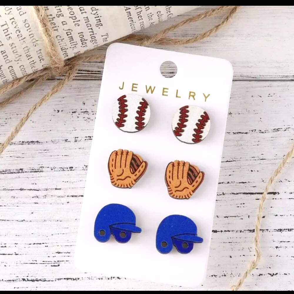 Baseball Mom Earring Set. 3 Pairs of Wooden Studs.
